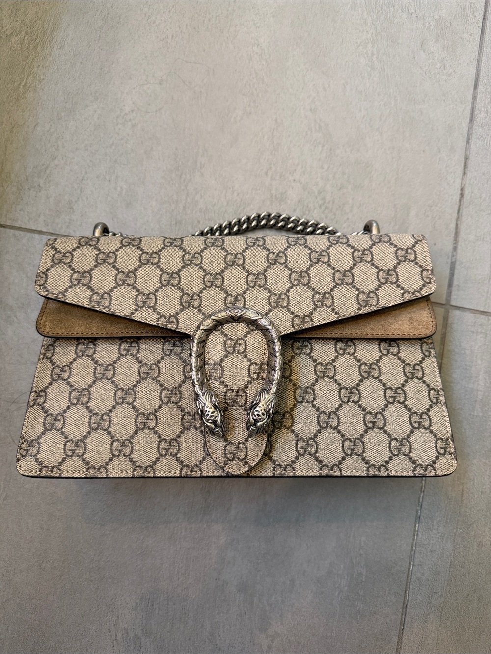 Gucci Beige GG Supreme Dionysus Shoulder Bag with Silver Hardware